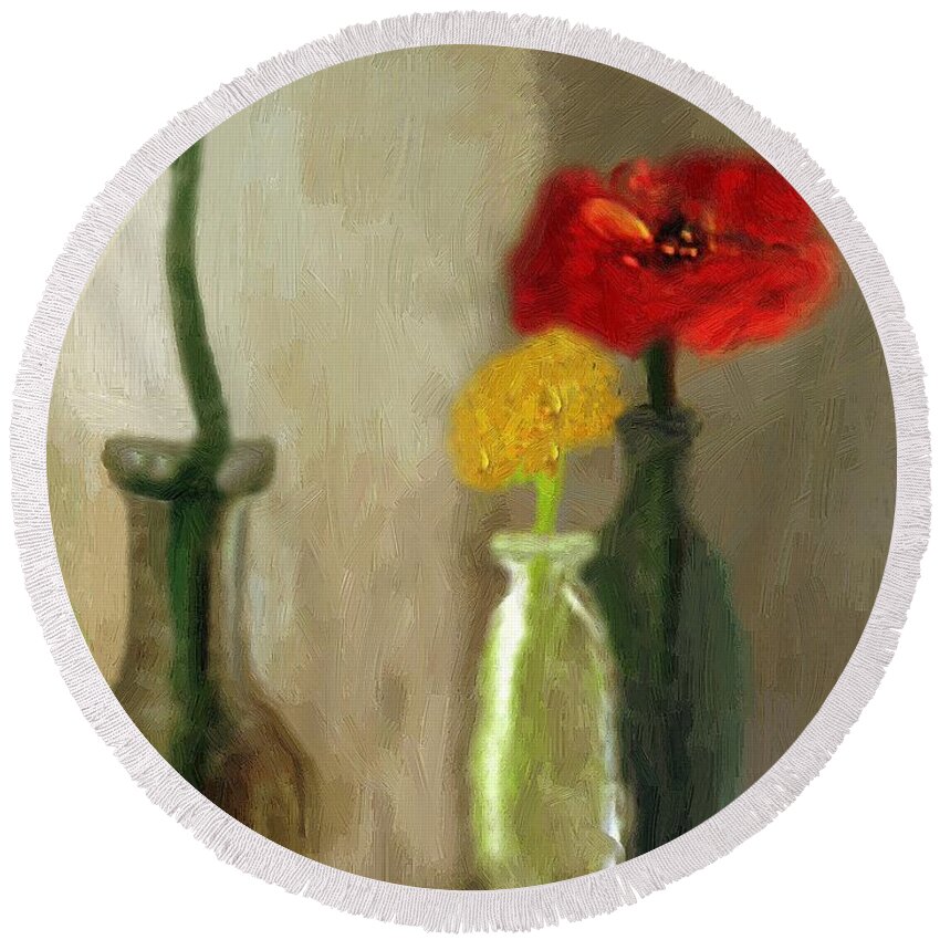Bottles Round Beach Towel featuring the painting Peggy's Flowers by RC DeWinter
