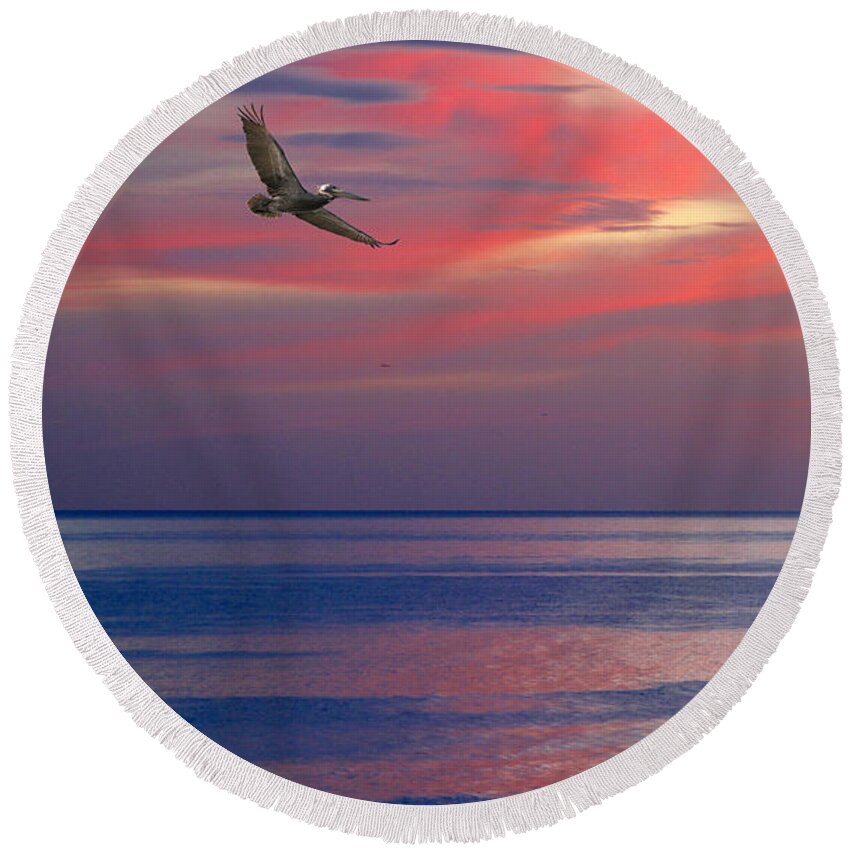 Nature Round Beach Towel featuring the photograph Pelican at Sunset by Mariarosa Rockefeller