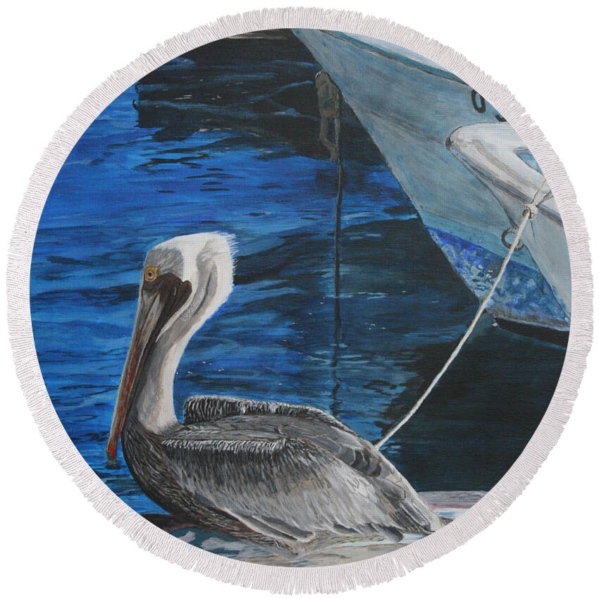 Ocean Round Beach Towel featuring the painting Pelican on a Boat by Ian Donley
