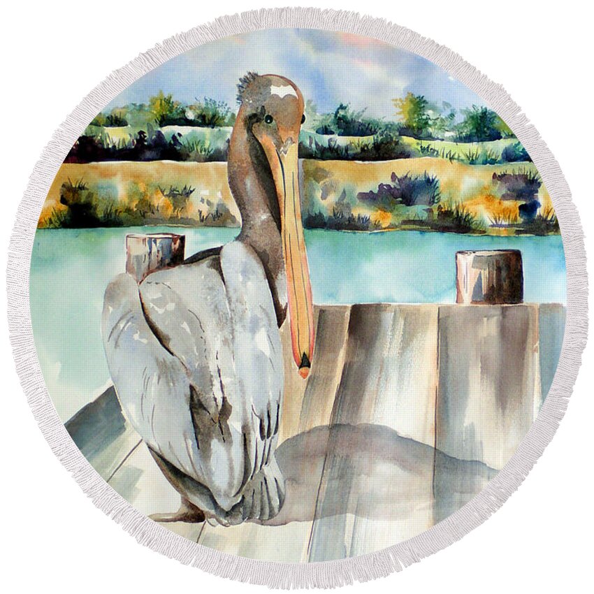 Pelican Painting Round Beach Towel featuring the painting Pelican with an Attitude by Kandyce Waltensperger