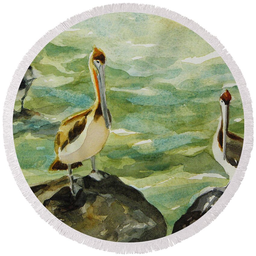 Original Watercolors Round Beach Towel featuring the painting Pelicans by Julianne Felton 9-30-13 by Julianne Felton