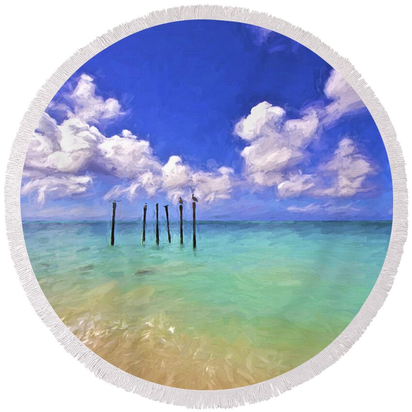 Aruba Round Beach Towel featuring the painting Pelicans of Aruba by David Letts