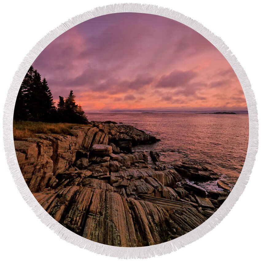 Pemaquid Point Round Beach Towel featuring the photograph Pemaquid Point Sunset by Mitchell R Grosky