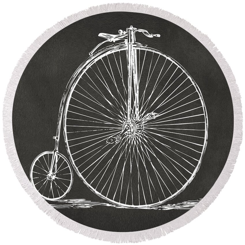 Penny-farthing Round Beach Towel featuring the digital art Penny-farthing 1867 High Wheeler Bicycle Patent - Gray by Nikki Marie Smith