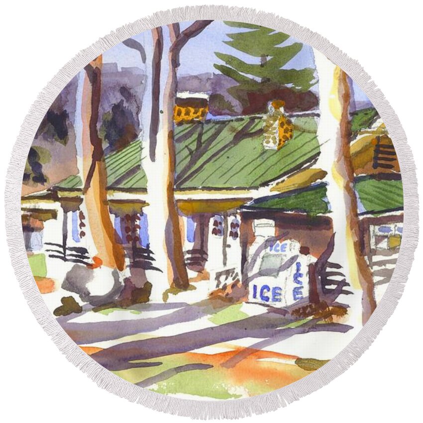 Kipdevore Round Beach Towel featuring the painting Penuel Lodge in Winter by Kip DeVore