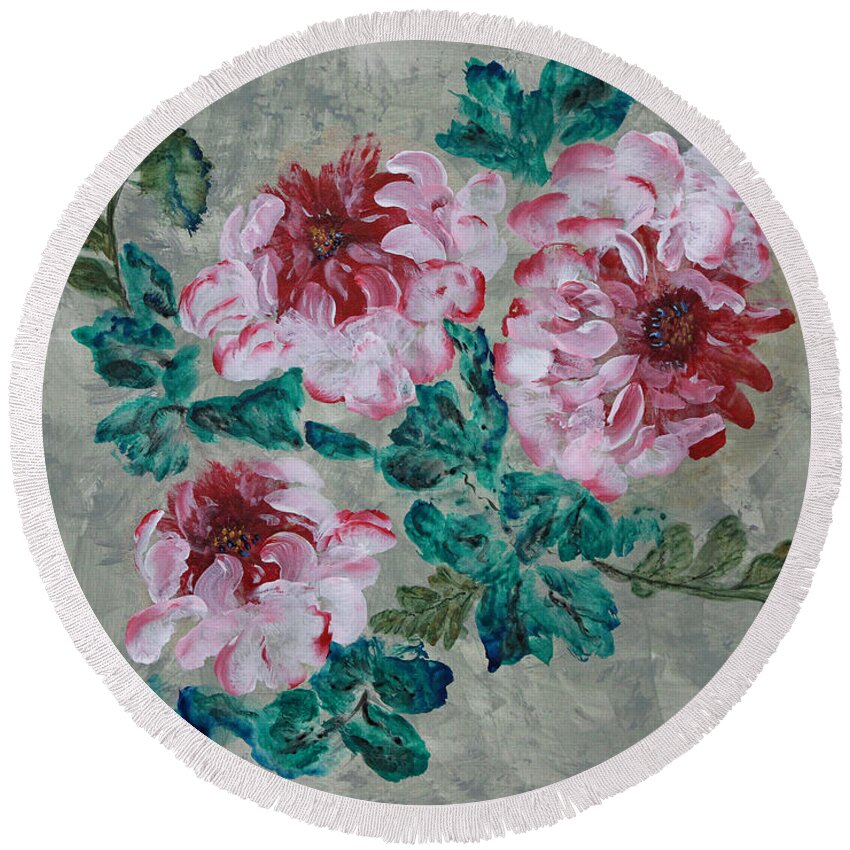 Flowers Round Beach Towel featuring the painting Peony Blossoms Floral Garden Art Walk by Ella Kaye Dickey