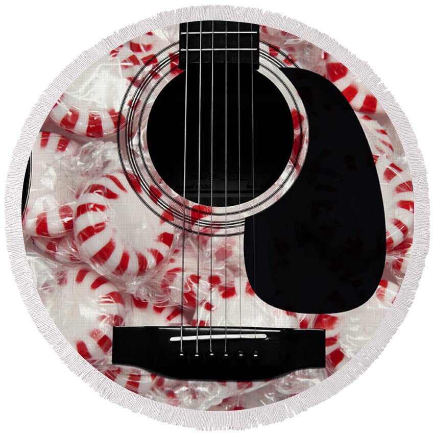 Peppermint Round Beach Towel featuring the photograph Peppermint Abstract Guitar by Andee Design