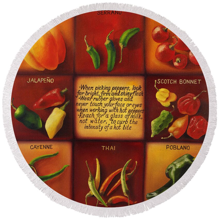 Peppers Round Beach Towel featuring the painting Pepper Facts by Natalia Astankina