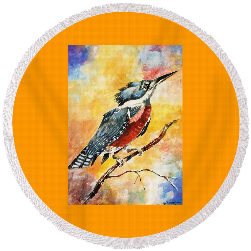 Bird Kingfisher Round Beach Towel featuring the painting Perched Kingfisher by Al Brown