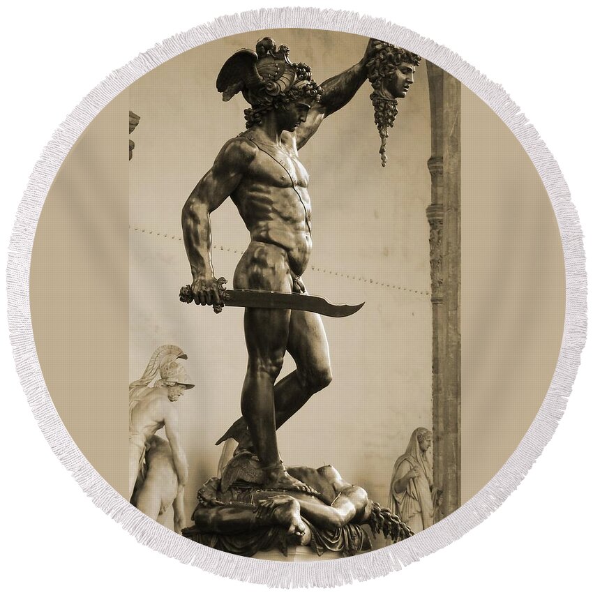 Perseus With The Head Of Medusa Round Beach Towel featuring the photograph Perseus With the Head of Medusa by Zinvolle Art