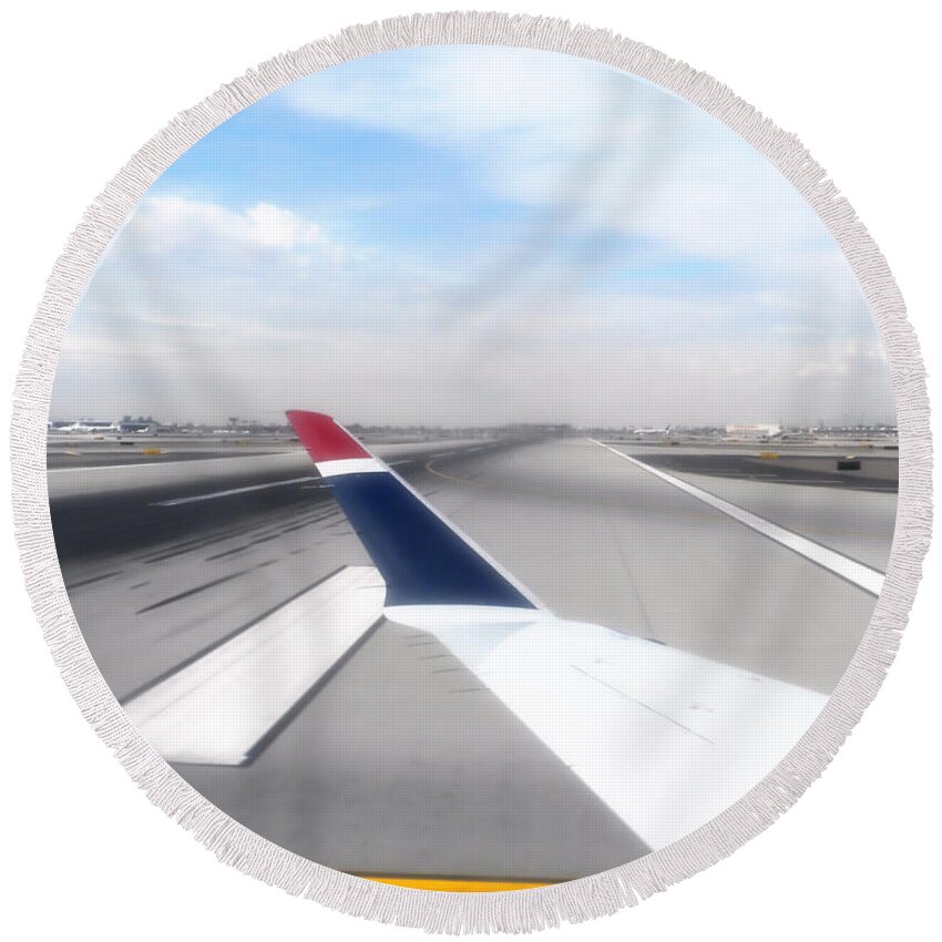 Phoenix Round Beach Towel featuring the photograph Phoenix AZ Airport Wing Tip View by Thomas Woolworth