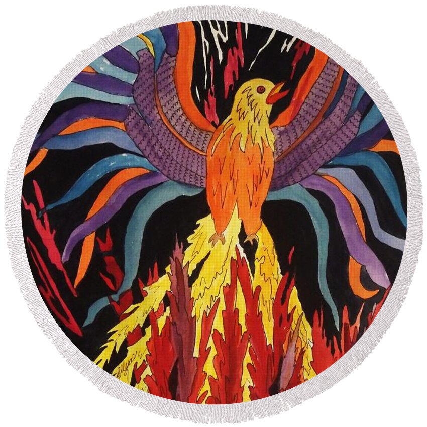 Phoenix Rising Round Beach Towel featuring the painting Phoenix Rising by Ellen Levinson