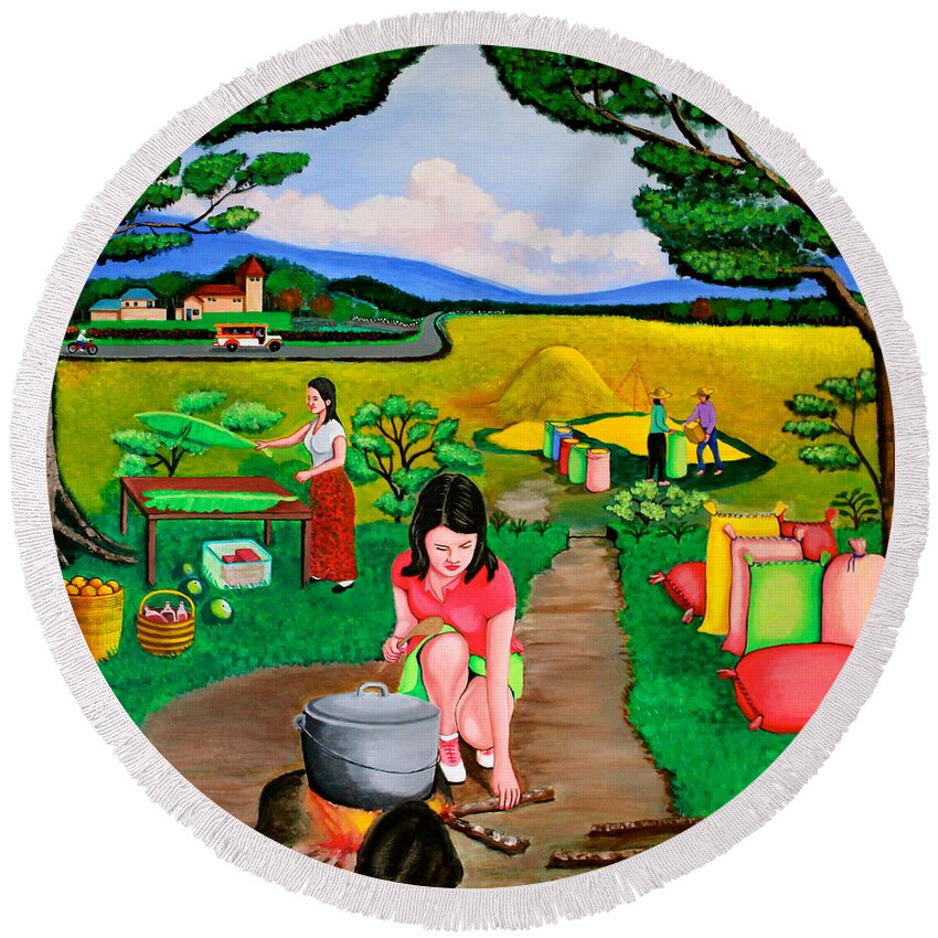 All Products Round Beach Towel featuring the painting Picnic with the Farmers by Lorna Maza