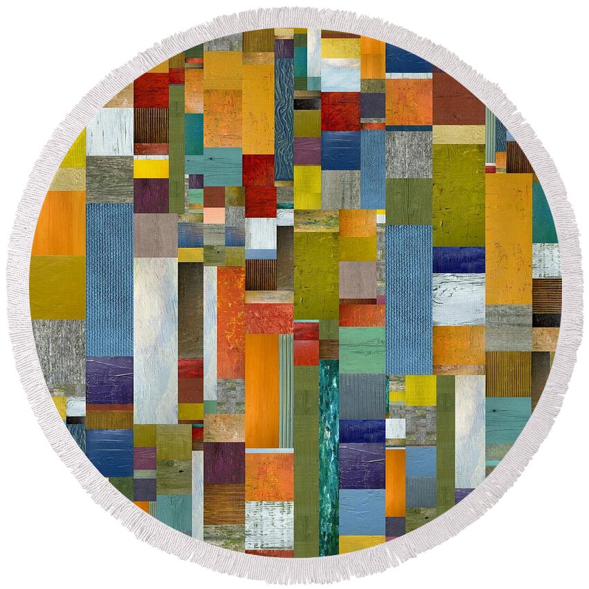 Multicolored Round Beach Towel featuring the painting Pieces Parts Vl by Michelle Calkins