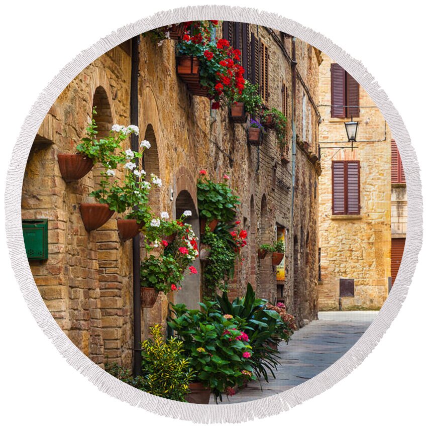 Europe Round Beach Towel featuring the photograph Pienza Street by Inge Johnsson