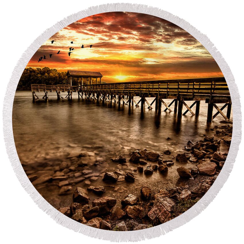 Pier Round Beach Towel featuring the photograph Pier at Smith Mountain Lake by Joshua Minso