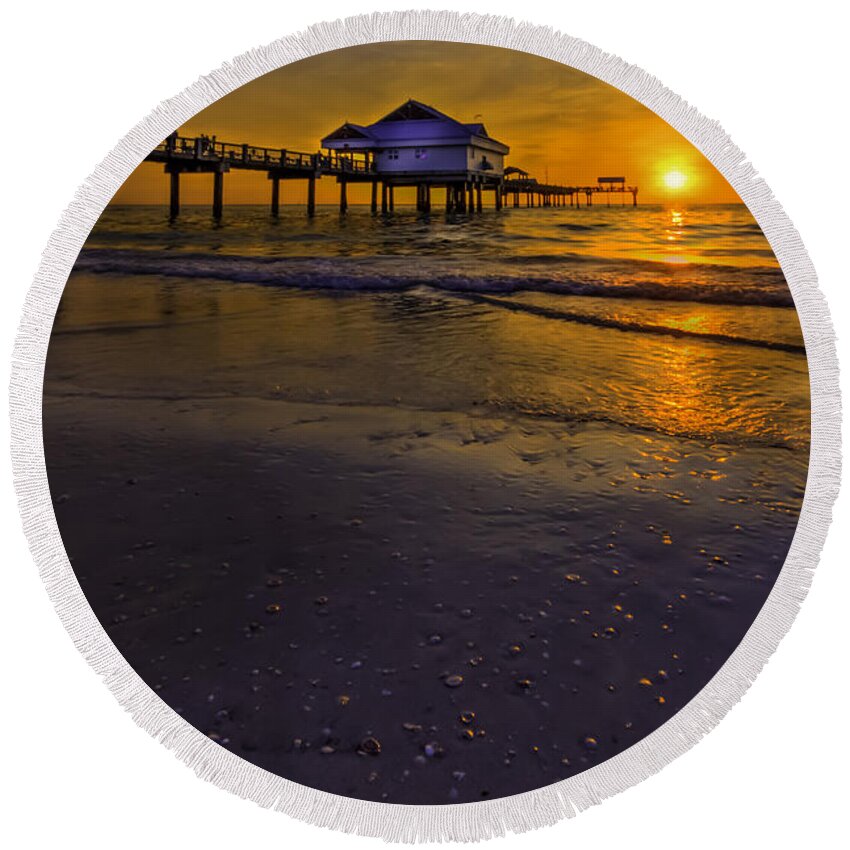 Pier Round Beach Towel featuring the photograph Pier into the Sun by Marvin Spates