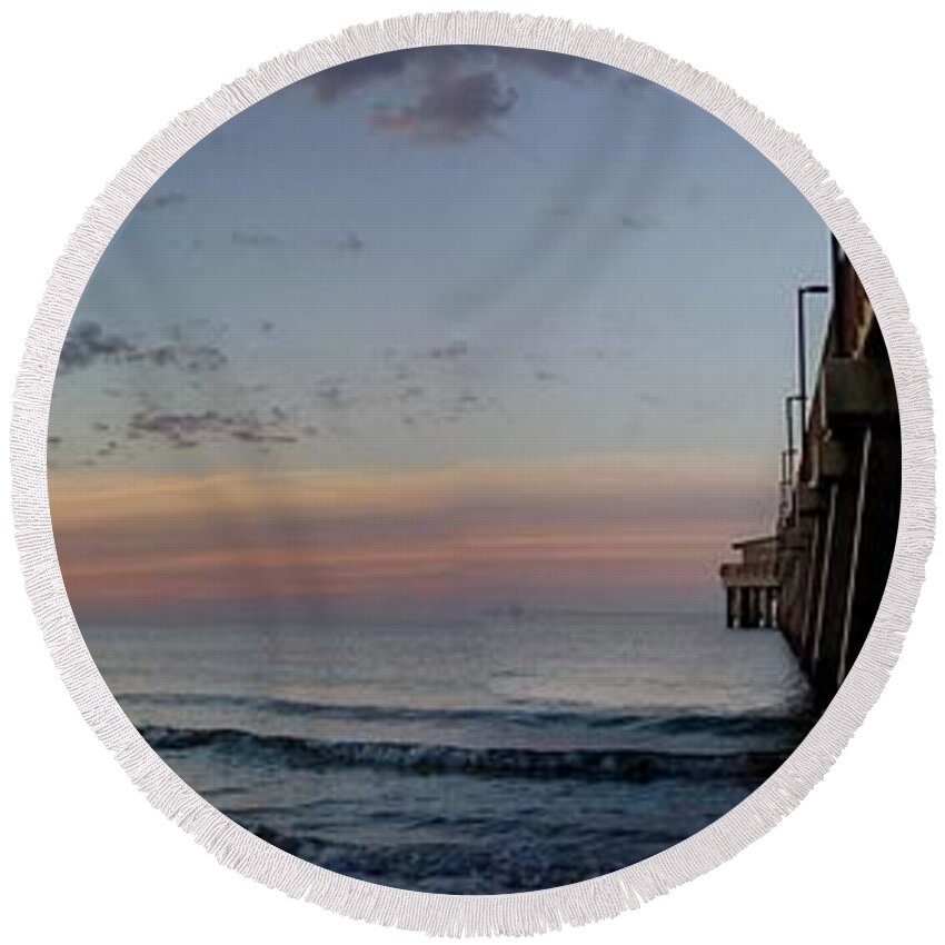 Alabama Round Beach Towel featuring the photograph Pier Panorama at Sunrise by Michael Thomas
