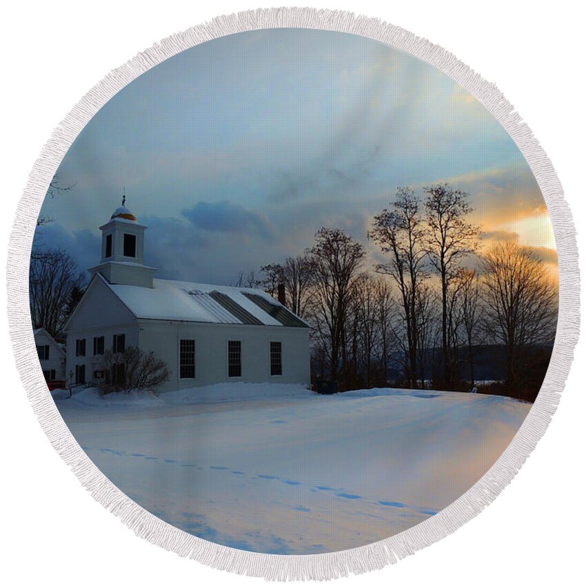 Church Round Beach Towel featuring the photograph Piermont Church in Winter Light by Nancy Griswold