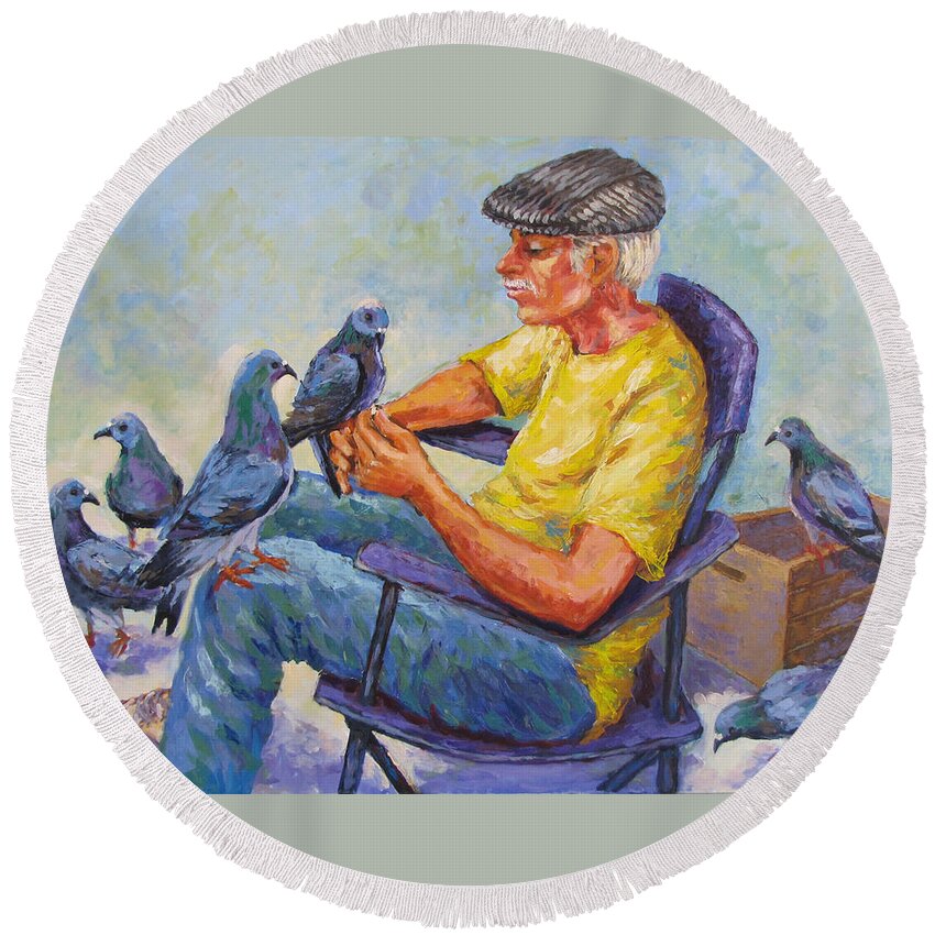 Pigeon Round Beach Towel featuring the painting Pigeon Talk by Jyotika Shroff