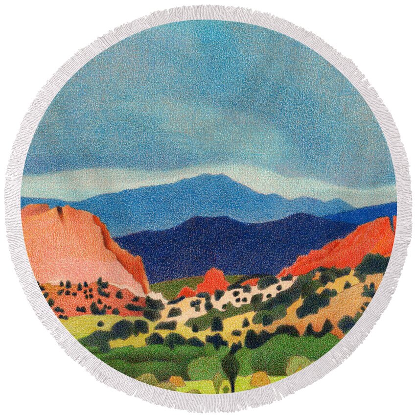 Mountains Round Beach Towel featuring the drawing Garden of the Gods Pikes Peak by Dan Miller