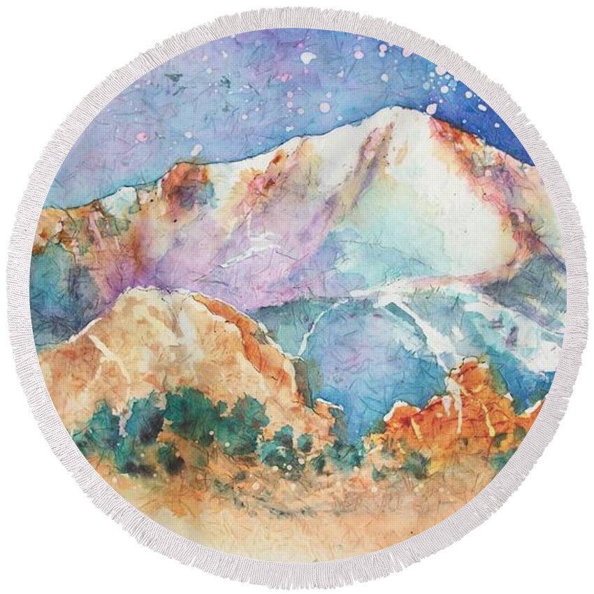 Pikes Peak Round Beach Towel featuring the painting Pikes Peak Over the Garden of the Gods by Carol Losinski Naylor
