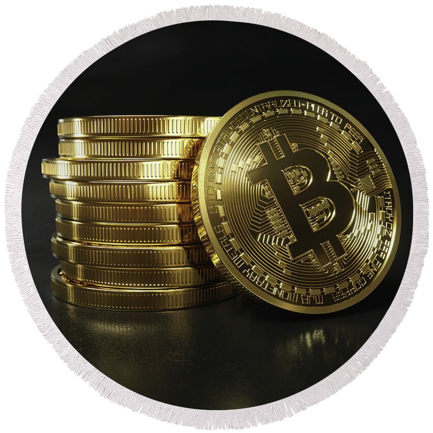 Bit Coin Round Beach Towel featuring the photograph Pile Of Shiny New Gold Bitcoins by Ikon Ikon Images