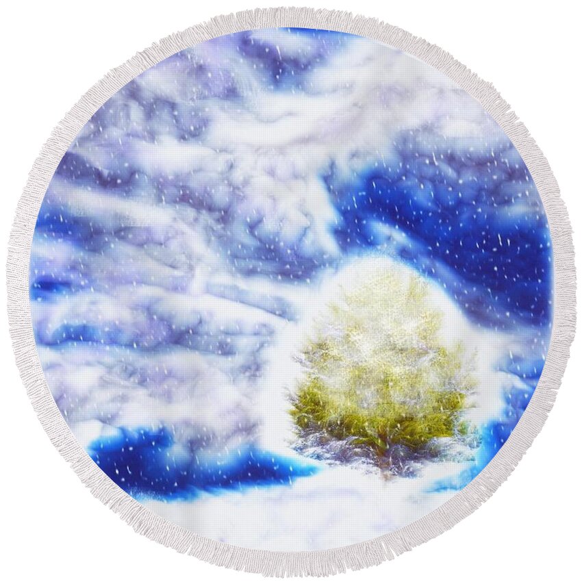 Digital Round Beach Towel featuring the digital art Pine Tree in Winter by Lilia D