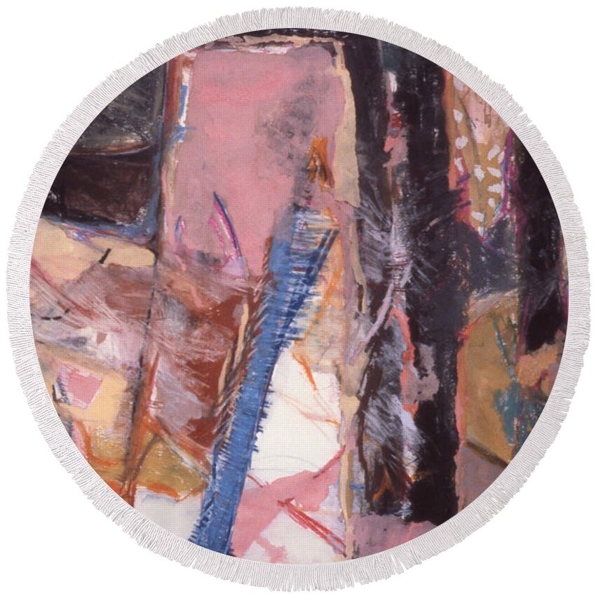 Abstract Round Beach Towel featuring the mixed media Pink and Black by Richard Baron