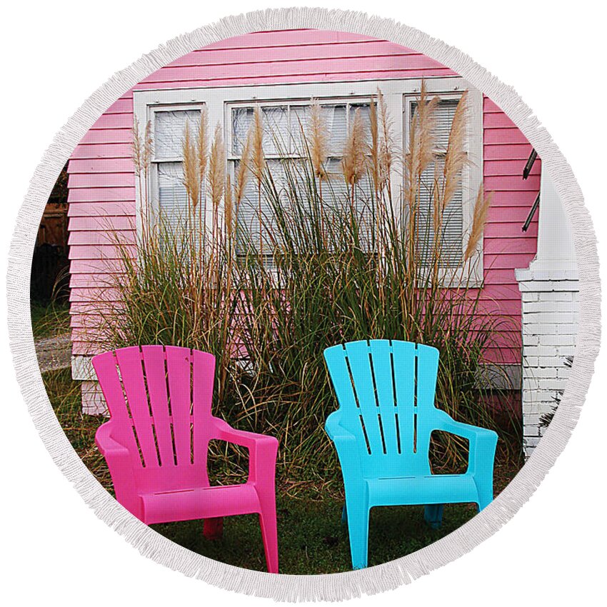 Pink Round Beach Towel featuring the photograph Pink and Blue Chairs by Jan Marvin by Jan Marvin