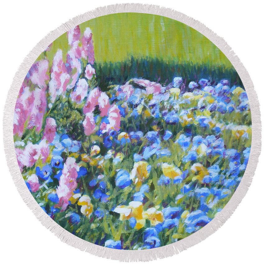 Blue Round Beach Towel featuring the painting Pink and Green Blue and Yellow by Candace Lovely
