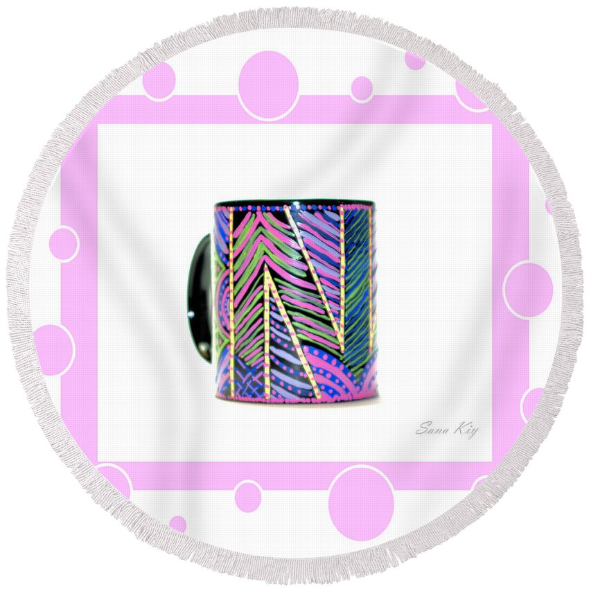 Cup Round Beach Towel featuring the glass art Pink Card by Oksana Semenchenko