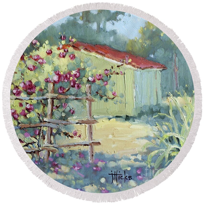 Impressionist Round Beach Towel featuring the painting Pink Climbers in Texas by Joyce Hicks