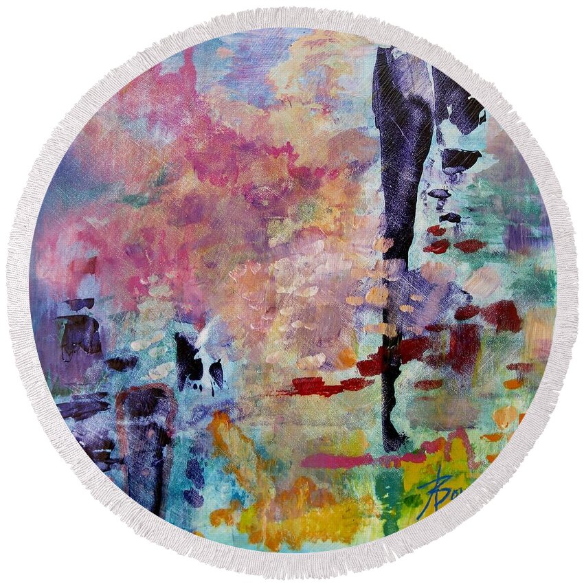 Abstract And Non-representational Round Beach Towel featuring the painting Pink Cloud by Adele Bower