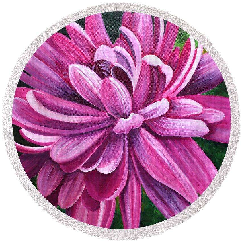 Pink Round Beach Towel featuring the painting Pink Flower Fluff by Debbie Hart