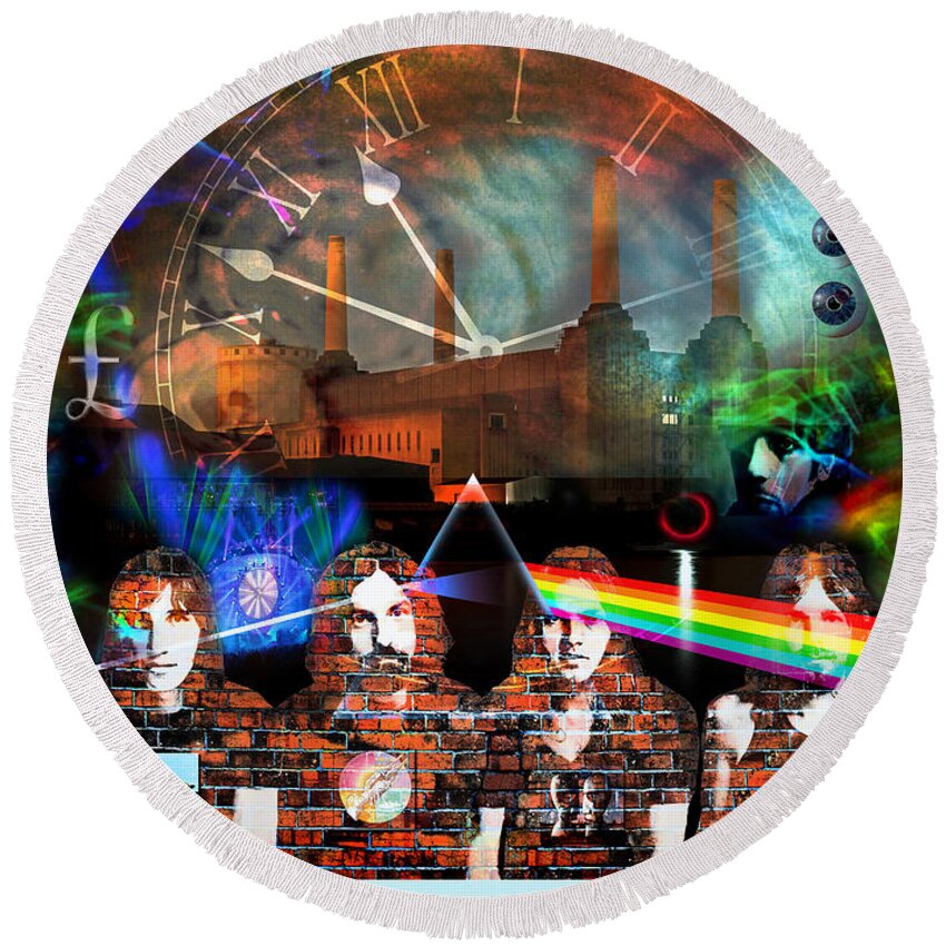 Pink Floyd Round Beach Towel featuring the digital art Pink Floyd Collage by Mal Bray