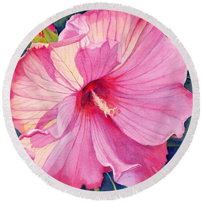 Pink Flower Round Beach Towel featuring the painting Pink Hibiscus by Brenda Beck Fisher