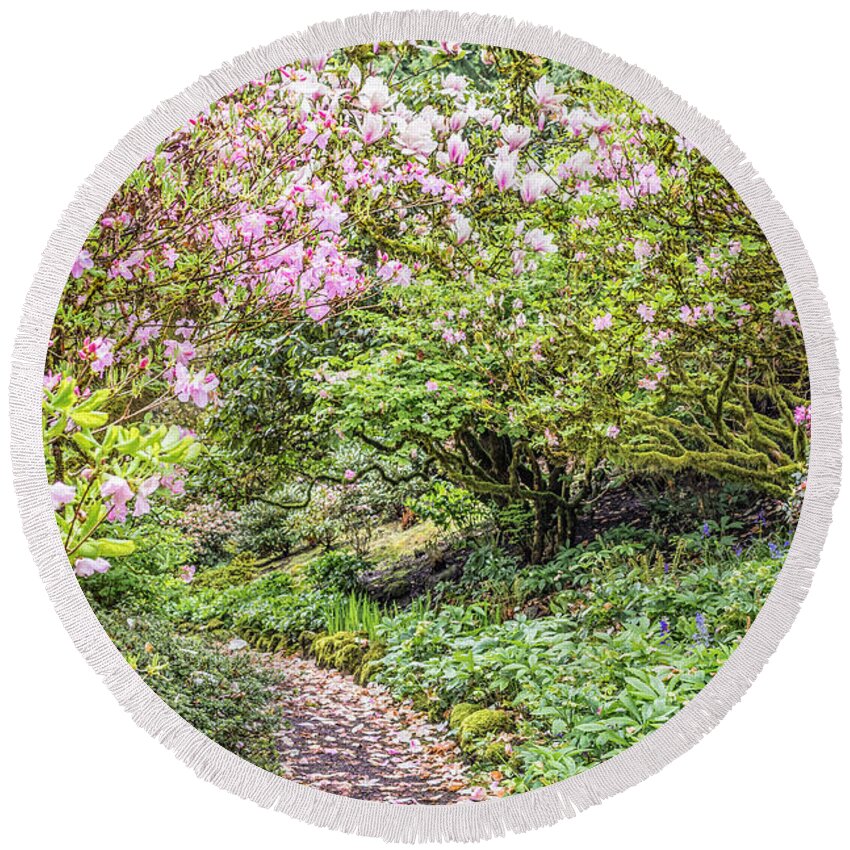 Petal Pathway Round Beach Towel featuring the photograph Pink Petal Pathway by Priya Ghose