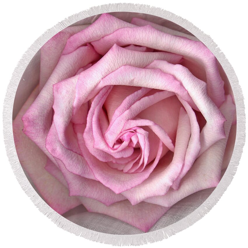 Pink Rose And Linen Round Beach Towel featuring the photograph Pink Rose And Linen by Sandra Foster
