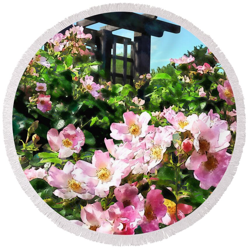 Rose Round Beach Towel featuring the photograph Pink Roses Near Trellis by Susan Savad