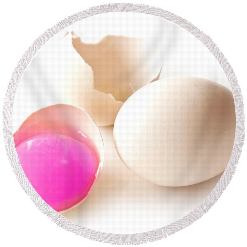 Egg Round Beach Towel featuring the photograph Pink Yolk egg by Delphimages Photo Creations