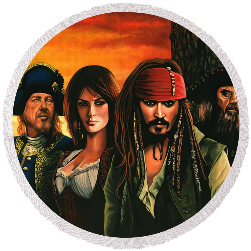 Pirates Of The Caribbean Round Beach Towel featuring the painting Pirates of the Caribbean by Paul Meijering