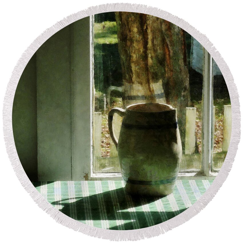Pitcher Round Beach Towel featuring the photograph Pitcher by Window by Susan Savad