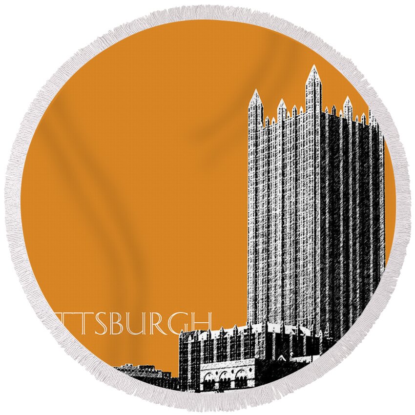 Architecture Round Beach Towel featuring the digital art Pittsburgh Skyline PPG Building - Dark Orange by DB Artist