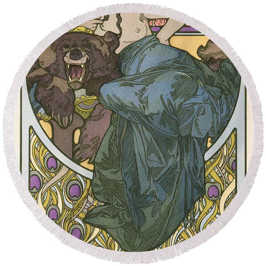 Mucha Round Beach Towel featuring the painting Plate Forty Seven from the book Documents Decoratifs by Alphonse Marie Mucha