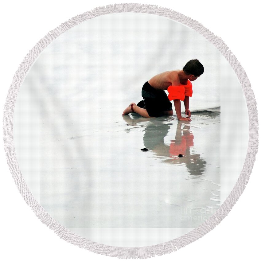 #child #boy Round Beach Towel featuring the photograph Playing At Seashore by Kathleen Struckle