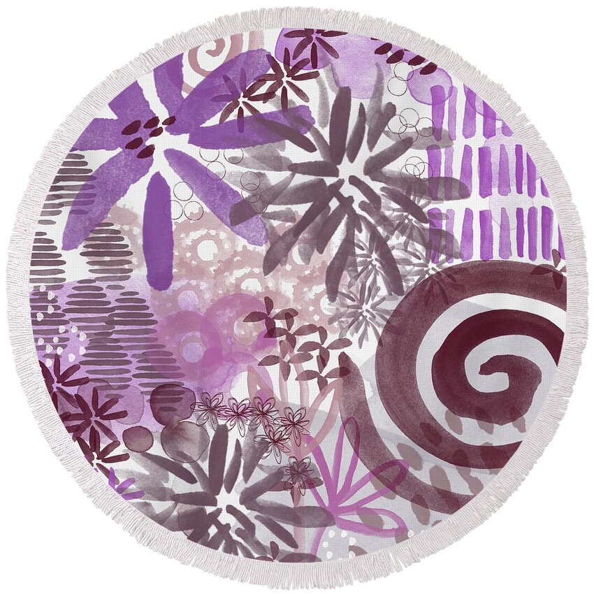 Flowers Round Beach Towel featuring the painting Plum and Grey Garden- Abstract Flower Painting by Linda Woods