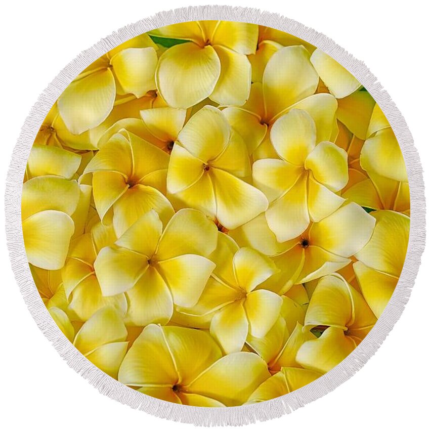 Flower Of The Day Round Beach Towel featuring the photograph Plumerias in Bowl by Jade Moon