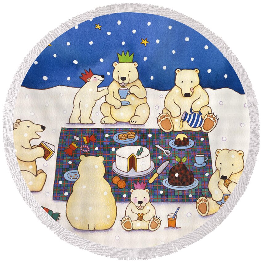 Christmas Round Beach Towel featuring the painting Polar Bear Picnic by Cathy Baxter