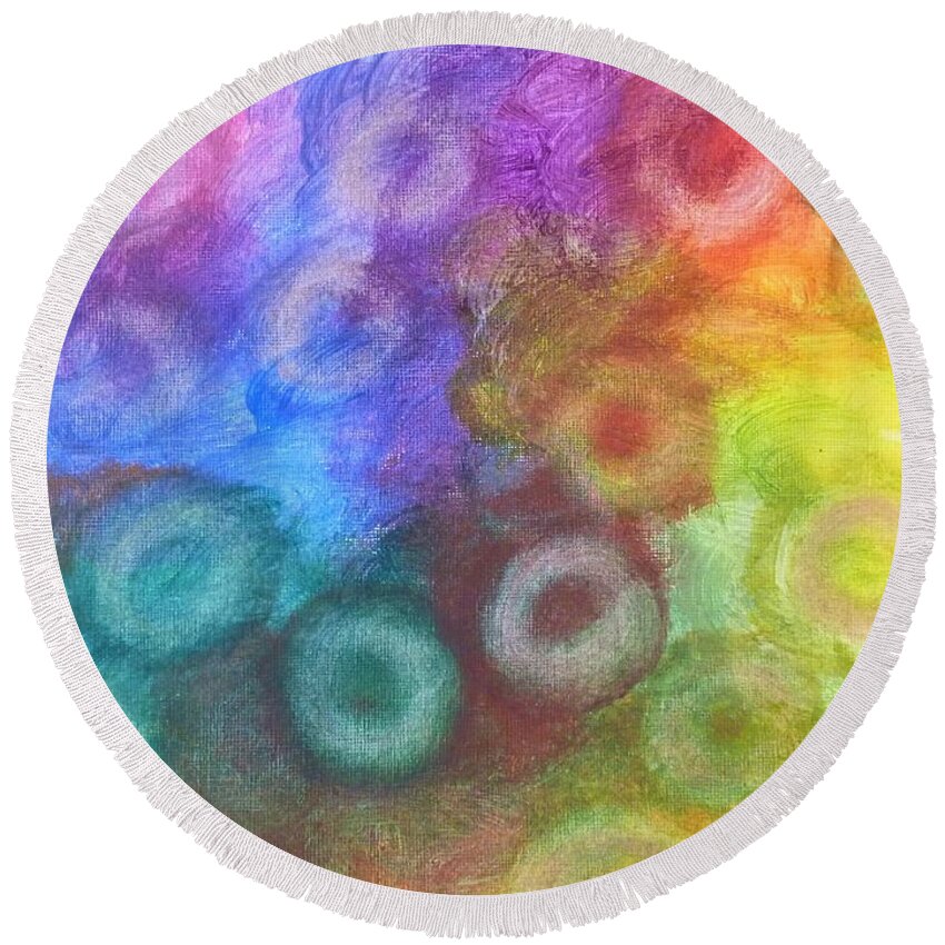 Polychromatic Rbc's Round Beach Towel featuring the painting Polychromatic RBC's by Amelie Simmons